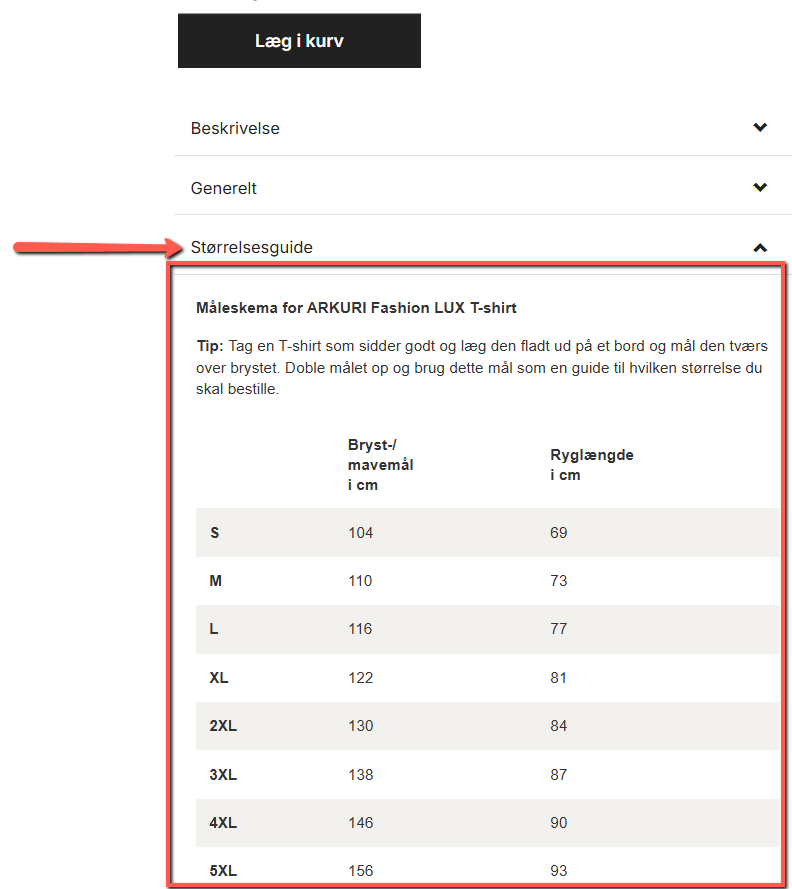 Viser hvor størrelsesguiden findes