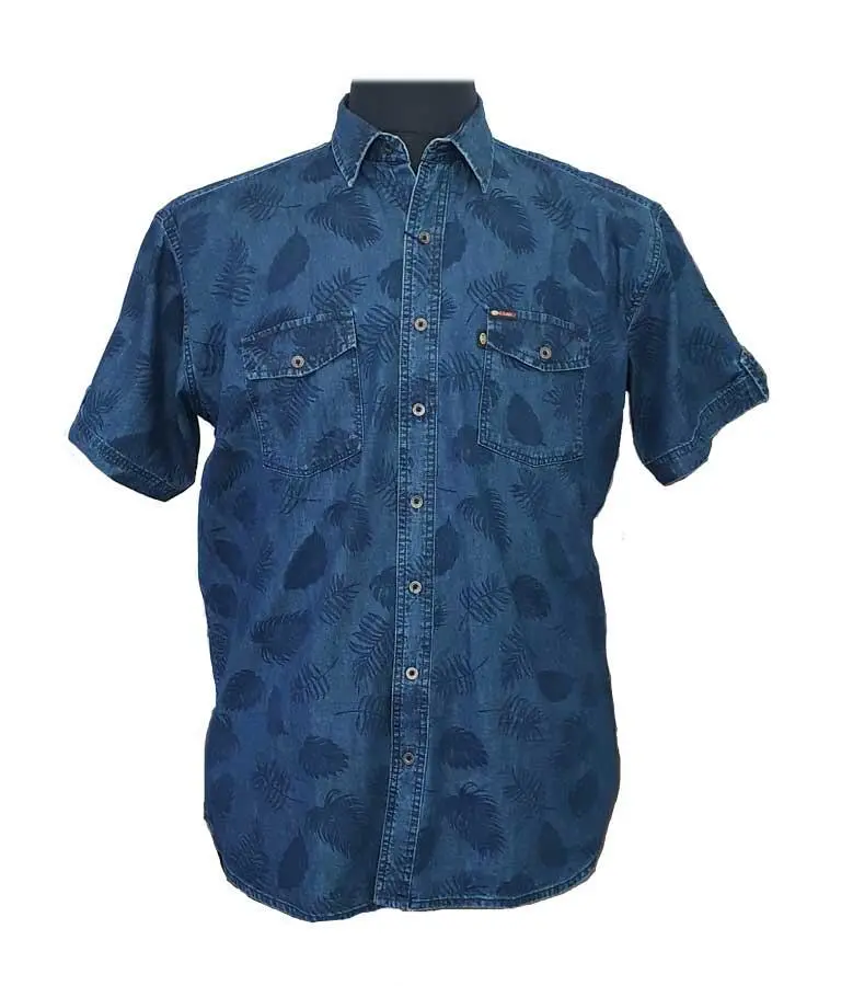 spand Manager stout Blå denim skjorte m. bladprint (K/Æ) - Kamro