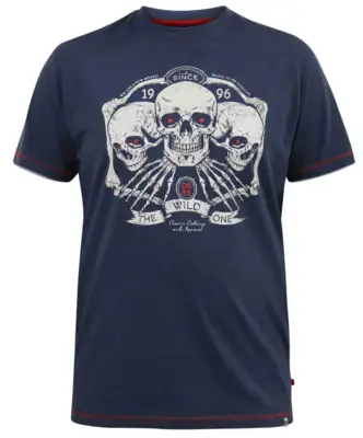 Støvet blå T-shirt med "trio af skelethoveder" print - D555
