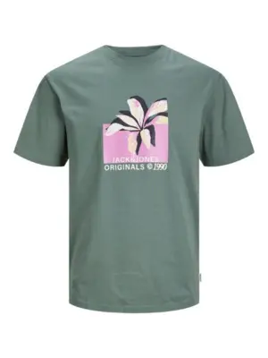 Støvet grøn T-shirt med flerfarvet blad print - Jack & Jones