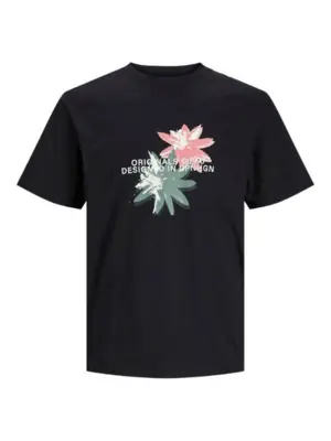 Sort T-shirt med Hibiscusblomster i army og coral - Jack & Jones
