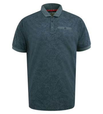 Denimfarvet polo med tone-i-tone bladprint og brystlomme - D555