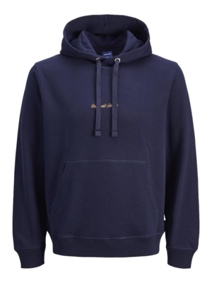 Mørkeblå hoodie med broderet tekst og kængurulomme - Jack & Jones