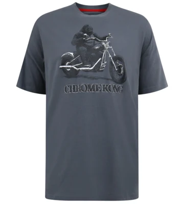 Grå T-shirt med “Chromekong” gorilla på motorcykel