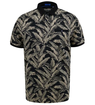 Sort polo med bladprint og brystlomme